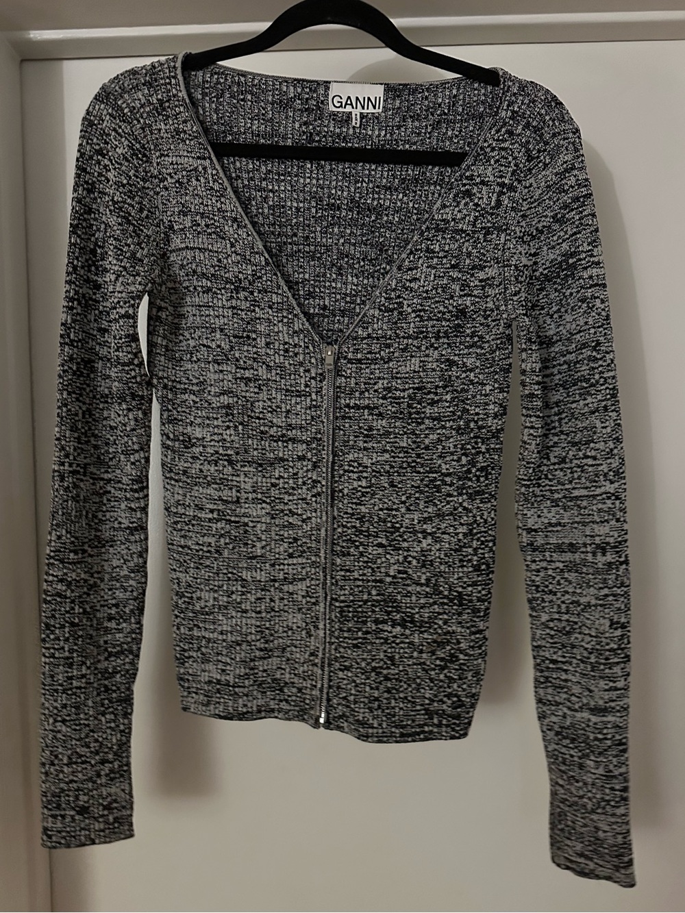 Ganni Black & White Marled Zip-Front Cardigan